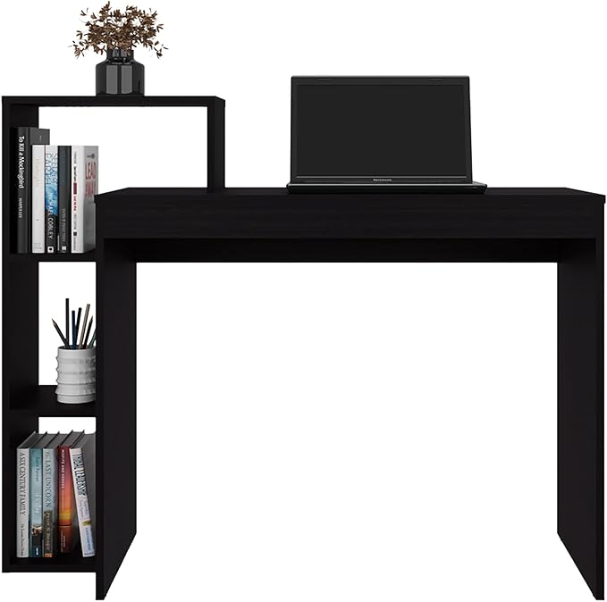 Wenge Open Storage Computer Desk Integrated side shelving includes three open compartments for books, decorative accents, plants, and office supplies like notebooks and pens for easy organization Du