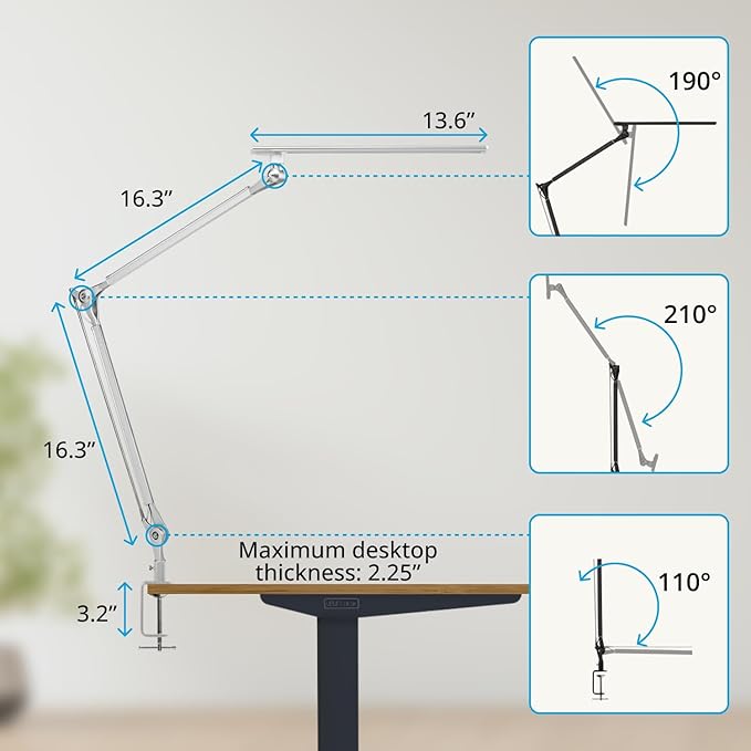 UPLIFTDESK E7 LED Desk Lamp with Clamp - Adjustable 3 Color Modes, Dimmable Black Architect Light for Standing Desk, Home Office, Dual Monitor Computer Work