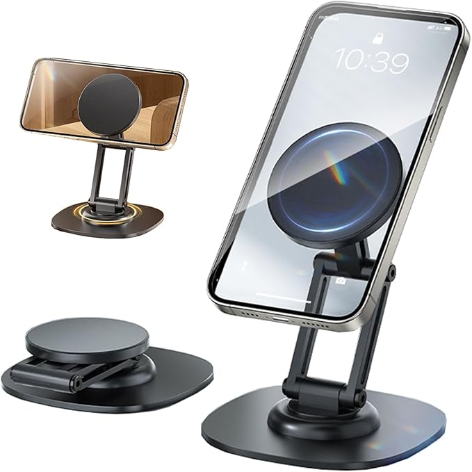 Magnetic Phone Stand for Desk 360 Rotating Adjustable Foldable Aluminum for MagSafe Cell Phone Stand Holder with Non-Slip Base Desk Stand for iPhone 17 16 Pro Max/15/14/13/12 Plus Air (Black)