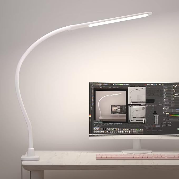 LED Desk Lamp With Clamp, 10W Gooseneck Lamps Touch Control,Swing Arm Clamp Lamp, Architect Clamp Desk Lamp Dimmable,Nail Lamp for Desk Table (White)