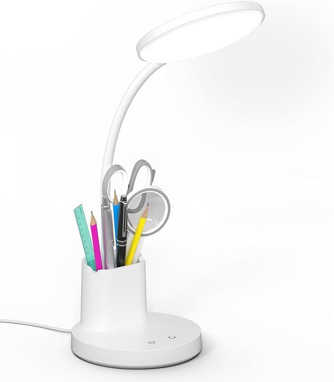 Desk Lamp, LED Desk Lamps for Home Office, Touch Table Lamp with 3 Color Modes 360° Adjustable Arm, Dimmable Desk Light with Pen Phone Holder for College Dorm, White