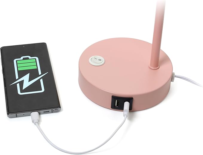 Simple Designs LD1072-BPK 15.2" Sleek Essentials Metal Cone Shade Desk Lamp with Adjustable Shade and Dual USB Ports, for Office, Desk, Nightstand, Dorm, Pink
