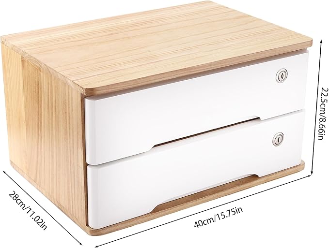 Lockable Desk Organizer Wooden Desktop Drawers Office Flat Files Storage Box Locking Countertop Storage Cabinet (Wood Color + White, 2-Tier)