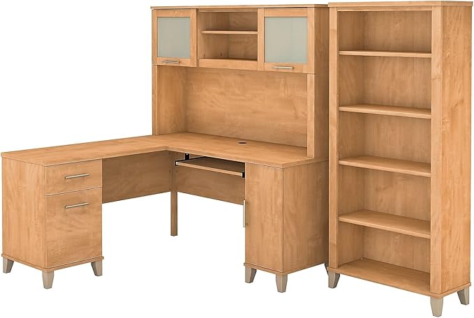 Bush Home Somerset 60W L Shaped Desk with Hutch and 5 Shelf Bookcase in Maple Cross