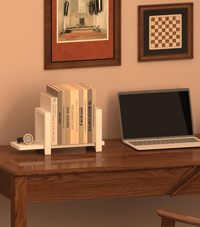 100% Solid Wood Adjustable Desktop Bookshelf, Retro Tabletop Bookshelf, Desk Shelf for Living Room, Home, Office, Perfect for Magazine, Books, Cookbooks, No Tools Required to Assemble (White)