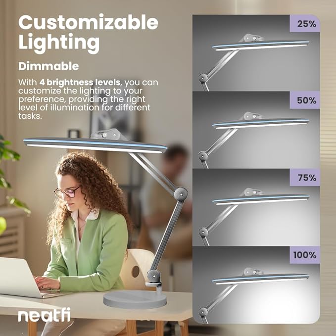 Neatfi XL 2,200 Lumens 24W LED Desk Lamp – 23” Wide Shade | Dimmable Eye-Caring Task Light | Adjustable Arm | Home Office, Study, Crafts & Nail Tech (Silver, Non-CCT with Clamp)