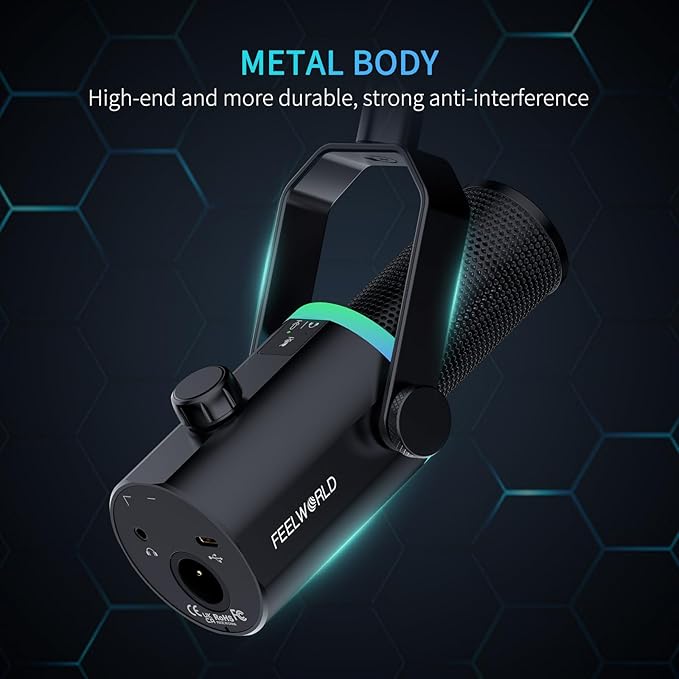 FEELWORLD PM1 XLR USB Dynamic Microphone with Boom Arm Stand Gifts for Podcast Recording PC Computer Gaming Live Streaming Vocal Voice-Over, Studio Metal Mic, RGB Light, Mute Button, Headphones Jack