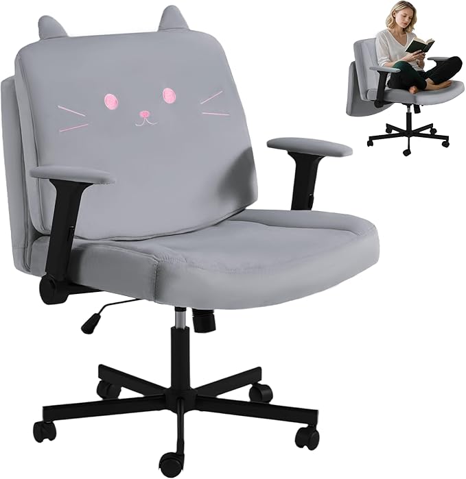 HOMREST Criss Cross Chair with Arms and Castors, Plus Size Cross Legged Office Chair with Extra Wide Seat&Flexible Back Cushion, Cute Comfy Desk Chairs for Home Office, Vanity, Gaming,Reading(Gray)