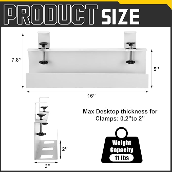 16×5×3 Inch No Drill Clamp-on Power Strip Cable Management Tray Under Standing Desk Steel Cable Organizer Wire Cord Tamer for Office, Home, Garage(White)