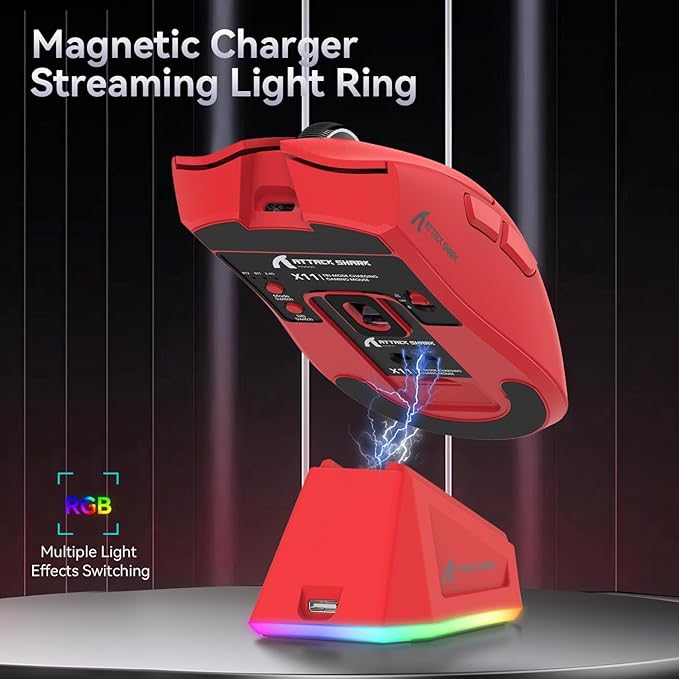 ATTACK SHARK X11 Ultra-Light Triple Mode Gaming Mouse PAW3311 Optical Sensor 22K DPI 5 programmable Buttons with Magnetic Charging Stand for PC/Mac Red