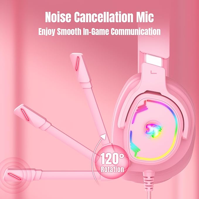 Jimonyer Gaming Headset for PC/PS4/PS5/Xbox One/Switch, Stereo Surround Sound Gaming Headphones with Noise Canceling Flexible Mic, Computer Headset with 3.5mm Jack & RGB Light (PinkCat)