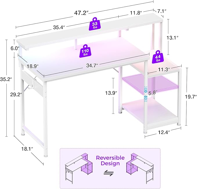AODK Gaming Desk, 48 Inch Computer Desk with Led Lights, Office Desk with PC Tower Stand, Reversible Desk with Monitor Shelf & Headphone Hook, White