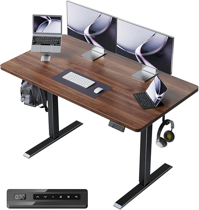 CubiCubi 40 x 24 Small One-Piece Standing Desk, Adjustable Height Electric Computer Sit Stand up Home Office Workstation, with 4 Memory Presets, Headphone Hook, Black Walnut