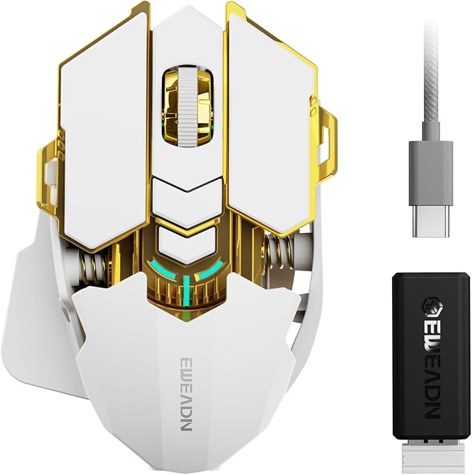 EWEADN G5 Wireless Gaming mouse, 12800 Adjustable DPI Ergonomic Mouse with 6 RGB Backlit Modes, Rapid Fire Key, 9 Programmable Macro Buttons, Rechargeable Bluetooth Mouse for PC/Mac/Laptop - White
