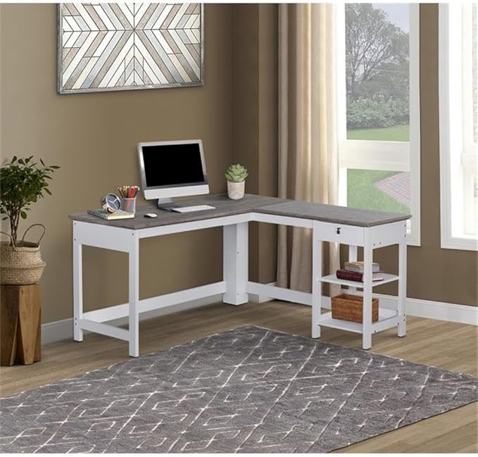 Pemberly Row Set of 2 L-Shaped Writing Desk & Lateral File Cabinet in White/Gray