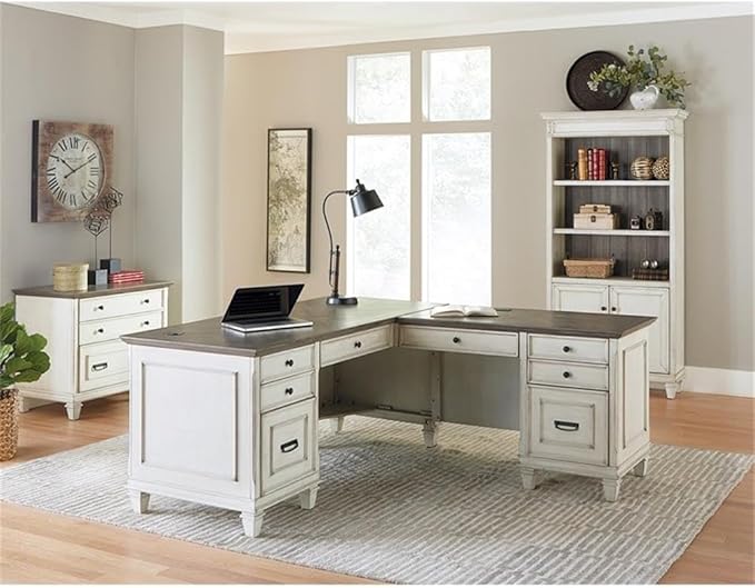 BOWERY HILL Set of 2 L-Desk Writing Office Desk and Bookcase with Doors in White