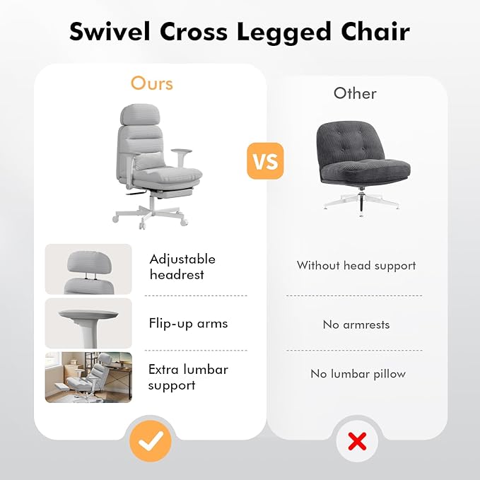 GXJ Criss Cross Chair with Wheels & Flip-up Arms, Executive Office Chair with Foot Rest, Swivel Cross Legged Office Chair with Lumbar Pillow, Corduroy Comfy Computer Desk Chair for Home, Grey