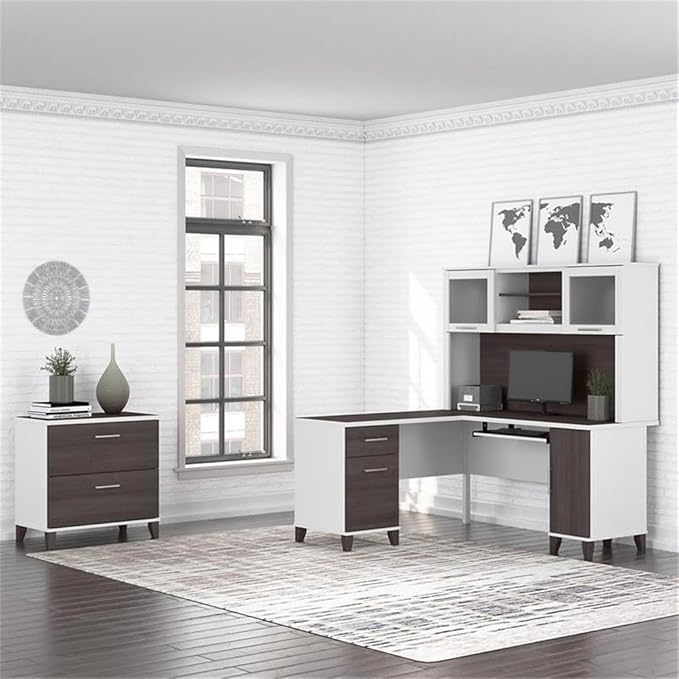 Pemberly Row 60W L Shaped Desk with Hutch and File Cabinet, Engineered Wood, White/Gray Finish, Frosted Glass Doors, Keyboard Tray, Storage Drawers, Home Office Furniture Set