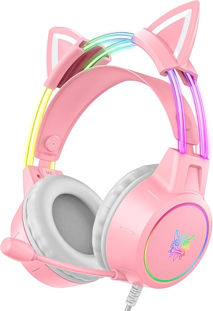 Lightweight Gaming Headset with Detachable Cat Ears, RGB Lighting, Wired Over Ear Headphones with Mic for PC, PS4, PS5, Switch, Stereo Surround Sound, Self-Adjusting Headband
