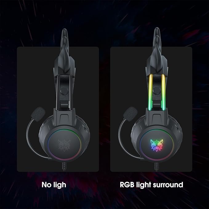 Lightweight Gaming Headset with Detachable Deer Ear, RGB Lighting, Wired Over Ear Headphones with Mic for PC, PS4, PS5, Switch, Stereo Surround Sound, Self-Adjusting Headband