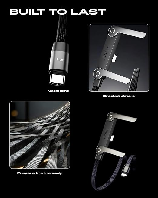 240w Stand Data Cable Invisible Holder Flat Charger 2 in 1 USB-C Charge Case Charging Sideways Standing Mount Side Horizontal Foldable Fast 90 Degree Multiple Braided Cables(240w/C-C)