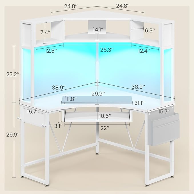 SEDETA Corner Desk, Small Computer Desk with Hutch & LED Lights, Triangle Corner Computer Desk with Keyboard Tray, Storage Bag, and Headphone Hook for Small Space, Home Office Desk, White