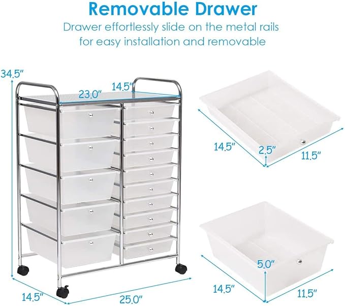 Moccha 15-Drawer Rolling Storage Cart - Under Desk Storage Drawers with wheels for Craft Art Supply Paper Salon, Scrapbook Paper Tools, Mobile Utility Cart for Classroom (15 Drawers, Clear)