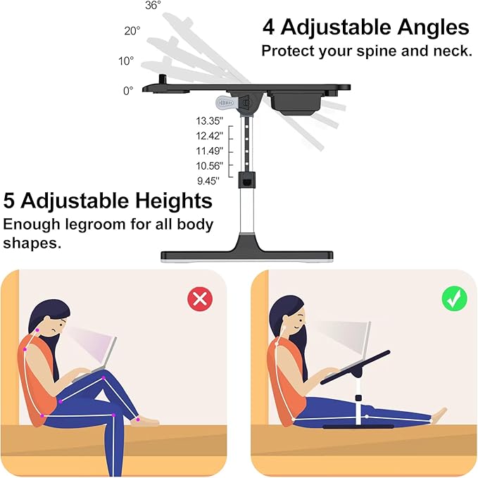 HETTHI Laptop Stand for Bed, Adjustable Leather Bed Desk with Foldable Legs, X-Large Laptop Bed Table Tray with Drawer for Bed Couch Floor Writing Working Reading Eating Painting (Black, 23.6"×15.7")