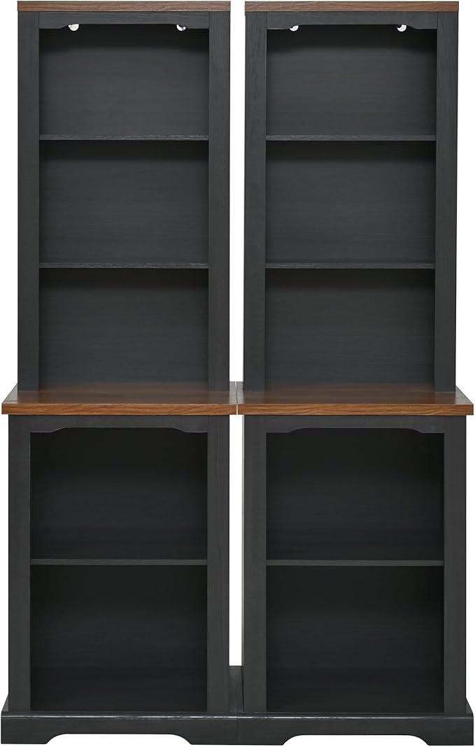 ON-Trend Two-Piece Elegant Freestanding Tall Cabinet with Fully Open Storage, Walnut Element Bookshelves with Curved Design, Stylish Display Bookcase with Anti-Tip Device for Living Room, Black Refi