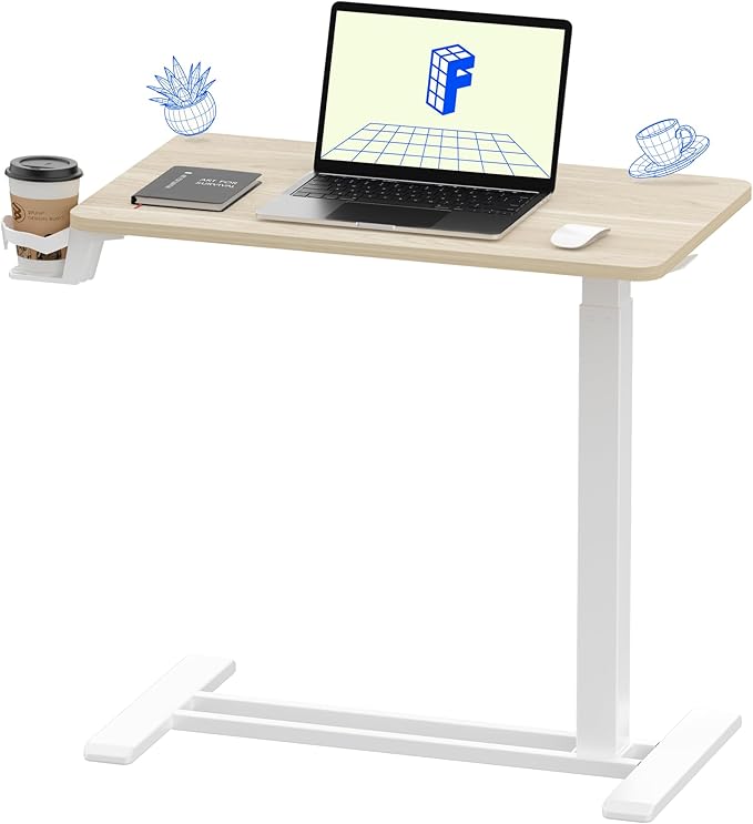 FLEXISPOT H7 Adjustable Overbed Bedside Table with Wheels Pneumatic Mobile Standing Desk Laptop Desk Rolling Computer Cart Movable Overbed Tables Hospital Home Use(27.6" W x 15.7" D, White Wood Grain)