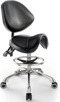 Saddle Chair with Back Support - Tilted Backrest, Adjustable Foot Rest, 350 LBS Capacity Ergonomic, 360° Swivel Drafting Chair for Salon, Spa, Massage, Tattoo, Facial lash, Home, Dentist (Black)