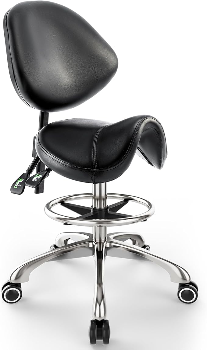 Saddle Chair with Back Support - Tilted Backrest, Adjustable Foot Rest, 350 LBS Capacity Ergonomic, 360° Swivel Drafting Chair for Salon, Spa, Massage, Tattoo, Facial lash, Home, Dentist (Black)