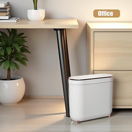 Yatmung Small Bathroom Trash Can with Lid - Slim Decorative Garbage Can - Press-Top Trash Bin for Bedroom, Home Office, Narrow Space, Plastic - 12 Liter Waste Paper Basket - White with Rose Gold Legs