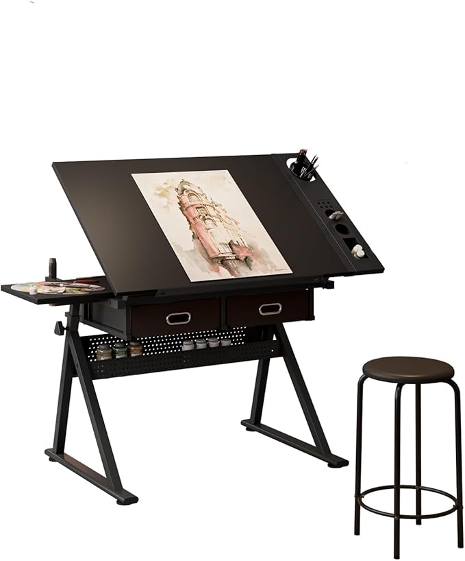 Adjustable Drafting Table Set with Stool, Drawing Desk Artist Table with Storage Drawers, Tiltable Tabletop Art Table Multifunctional Craft Workstation for Home Office