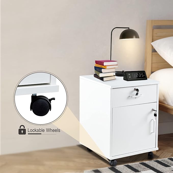 OFCASA Mobile 2 Drawer File Cabinet with Lock, Wooden Under Desk Filing Cabinet with Wheels, Small Rolling Storage Cabinet for Home Office Organizer A4/Letter Size/Legal, White