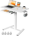 Mobile Standing Desk with Drawer, 32" Rolling Desk with Cup Holder and Hooks, Portable Laptop Cart on Wheels, Height Adjustable Workstation with Storage for Home Office, White