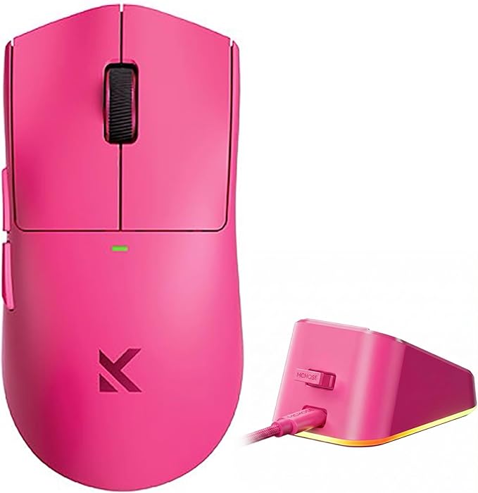 Hyekit MCHOSE K7 Ultra Wireless Esports Gaming Mouse with Magnetic Charging Dock, PAW3950 Optical Sensor, Dual 8K Polling, 42K DPI, 59g Lightweight, 5 Programmable Buttons, 130 Hr Battery (Magenta)