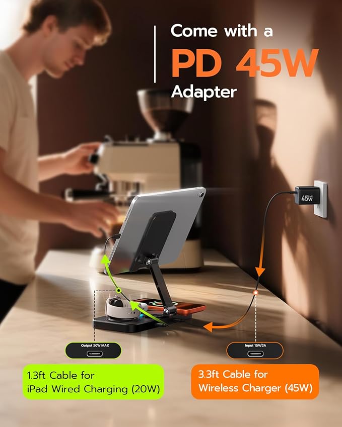 45W 6 in 1 Charging Station for Apple Multiple Devices with Clock & Light, 20W Fast Foldable Wired Charging Stand for iPad/Tab, Wireless Charger Design for MagSafe Charger for iPhone 17/iWatch/Airpods