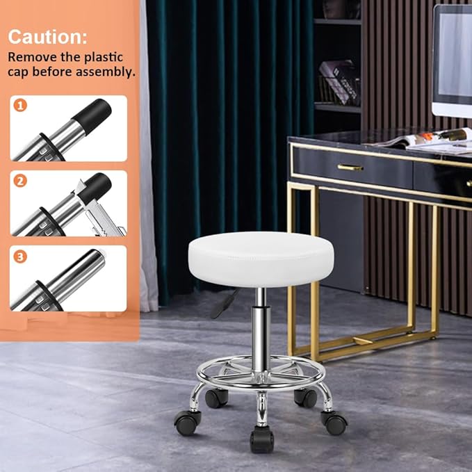 KKTONER PU Leather Round Rolling Stool with Foot Rest Swivel Height Adjustable Stool Spa Drafting Salon Tattoo Work Office Massage Task Chair White Small (White)