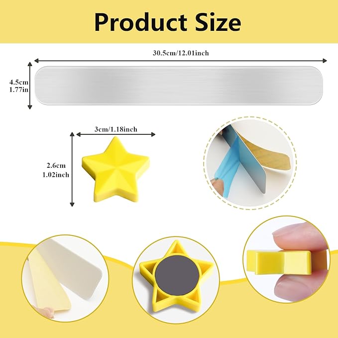 Magnetic Board for Wall - 4Pcs Stainless Iron Magnetic Strips with Adhesive Backing, Magnet Board Bulletin Boards Magnet Strips Memo Board - Includes 10 Yellow Magnets for School Office Kitchen