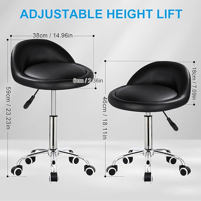 Autdor Rolling Stool Salon Stool Chair with Backrest Height Adjustable Beauty Rollings Stools with Wheels PU Leather Swivel Stools for Office Drafting Work Tattoo Makeup Facial Spa Manicure Massage