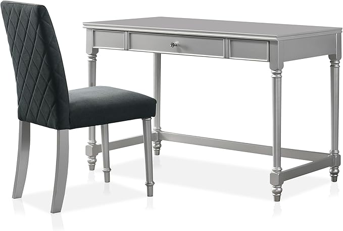 24/7 Shop at Home Eunie Modern 2-Piece Wood Storage Writing Desk with 1 Drawer and Upholstered Chair Set for Workstation, Home Office, Study Room, Silver