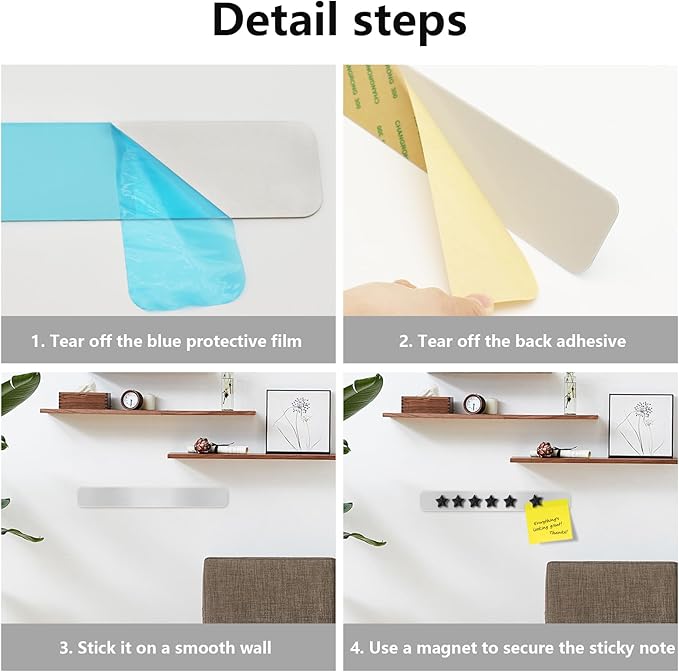Magnetic Board - Frameless Stainless Iron Magnetic Strips with Adhesive Backing, 6pcs Magnet Board for Wall, Bulletin Bar Board with 10 Pieces Black Star Magnet, Memo Bar for Office School Home
