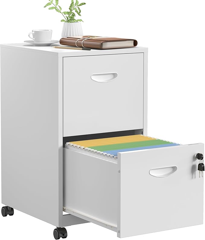 SteeLoong 2 Drawer File Cabinet with Lock，White Rolling File Cabinet for Home Office, Metal Small Mobile Filing Cabinets on Wheels for Hanging Letter