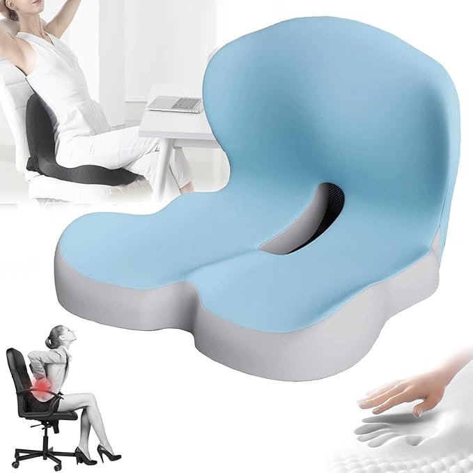 Memory Foam L-Shaped Integrated Seat Cushions, Back Cushion for Sciatica, Non-Slip Design, Machine-Washable Cover, for Car & Office(Blue)