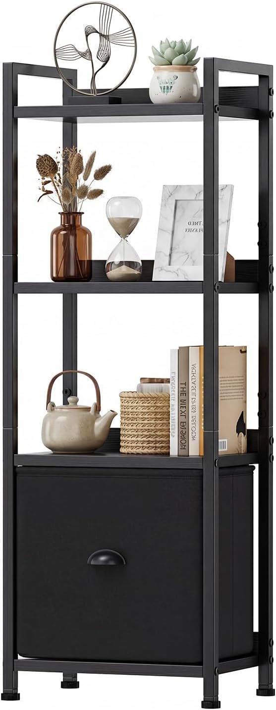 Sweetcrispy 4-Tier Bookshelf with Fabric Drawer, Wood-Metal Standing Display Shelf, Multi-Functional Organizer for Books, CDs and Movies, Suitable for Bedroom, Living Room, Black