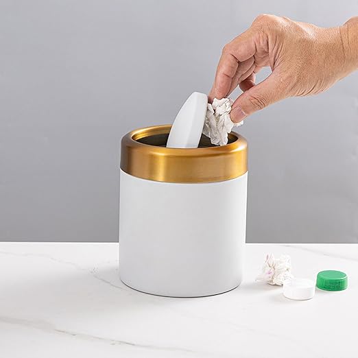 Mini Trash Container - Compact Garbage Bin, Tiny Rubbish Holder | Small Litter Basket, Sleek Circular Swing Cover Top, Durable 304 Steel Waste Compartment Decorative Piece Bathroom, Dorm, Car, Work De