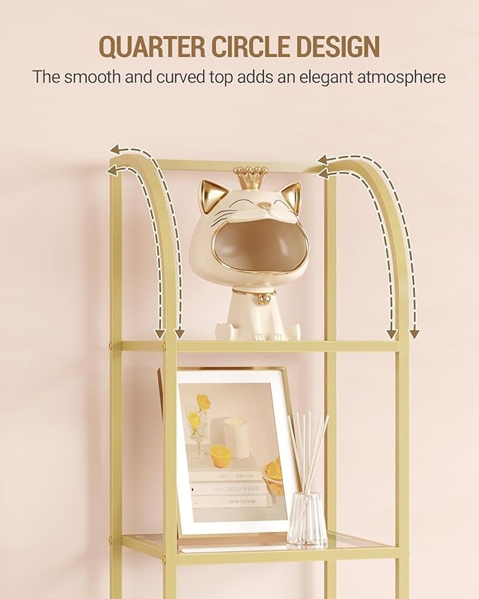 Hzuaneri Bookcase Bookshelf, Tempered Glass Arched Bookshelf for More Storage, Slim Shelving Unit for Bedroom, Bathroom, Home Office, Steel Frame, 5 Tier Gold BC20599G