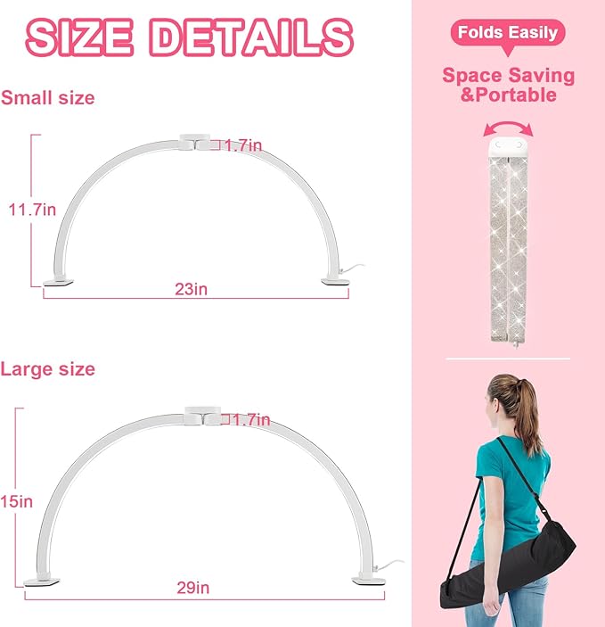 Upgraded Half Moon Light with Phone Holder, 29in Foldable Half Moon Light for Nail Desk, Nail Table Lamp with Stepless Dimming & Color Temperature (Large-29In)