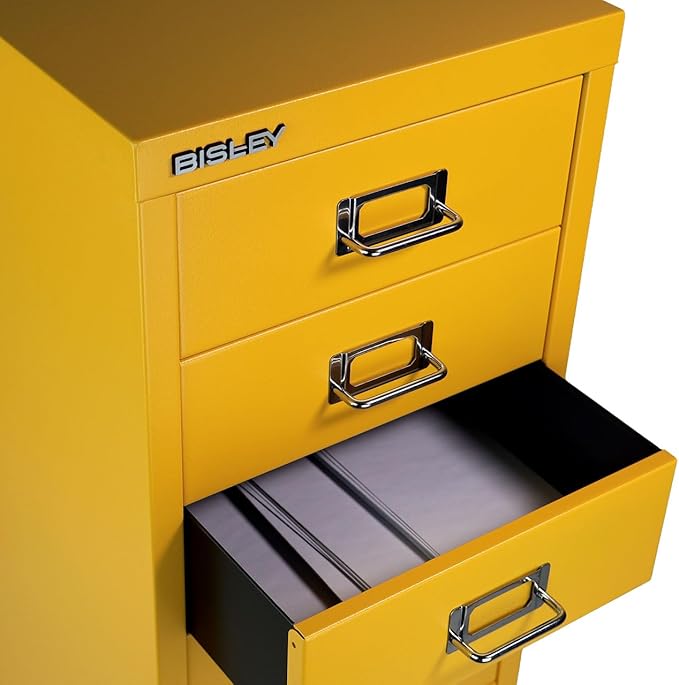 Bisley 6-Drawer Steel MultiDrawer Cabinet - Golden Sunflower Yellow, Chrome Pull Handles with Label Holders, Powder-Coated Steel, Removable Drawers, Fits Under Most Desks, Labels Included